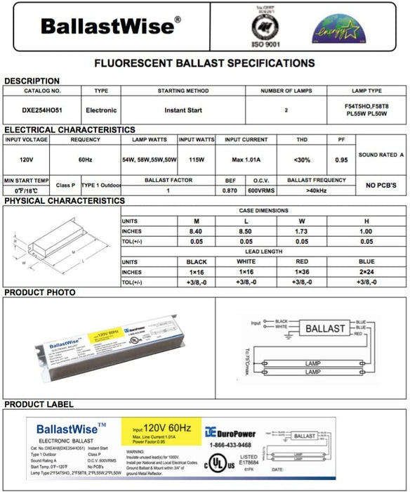 BallastWise T5 Ballast DXE254HO5 2*F54T5HO