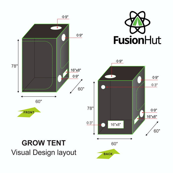 Tente de culture Fusion Hut 600D de 5 pi x 5 pi x 6,5 pi