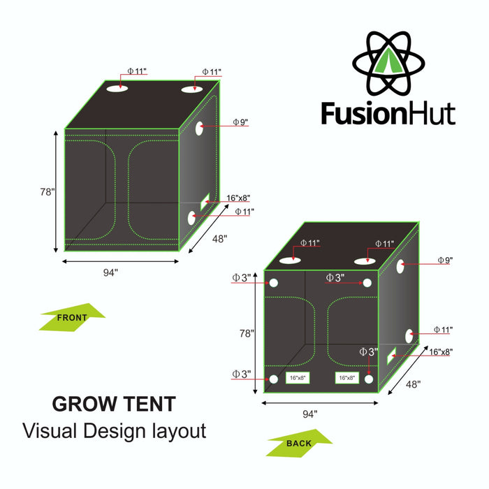 Tente de culture Fusion Hut 600D de 8 pi x 4 pi x 6,5 pi